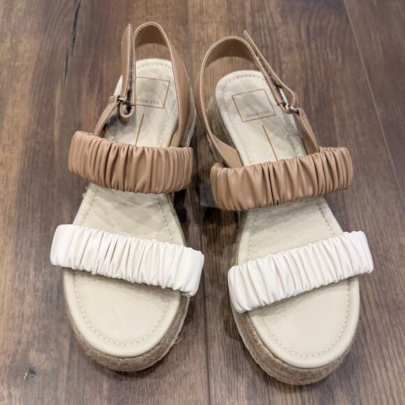 Dolce Vita Mizza Tan & White Ruched Strap Espadrille Platform Sandals Size 8.5 - Picture 3 of 7